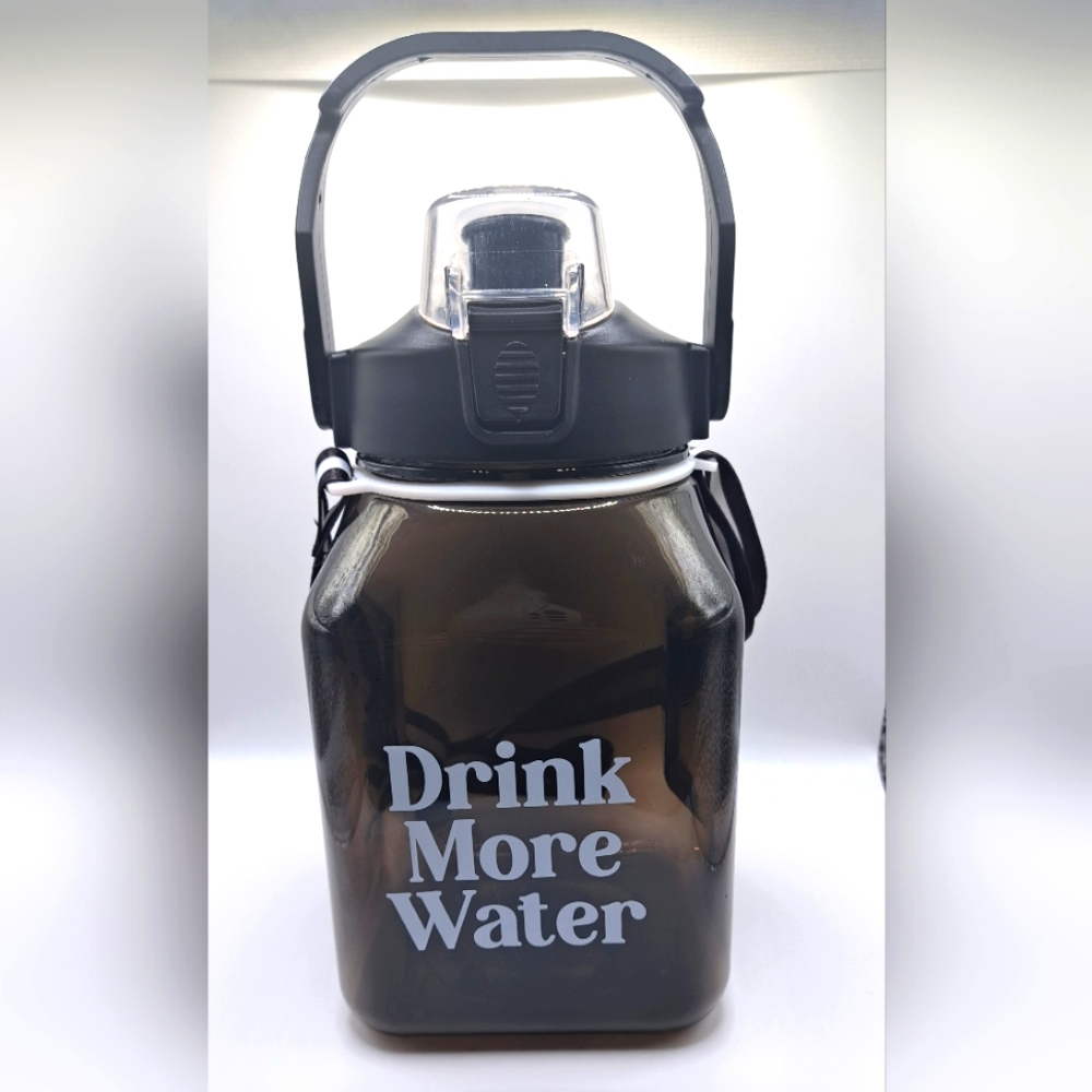 40oz Black Water Bottle w/ Strap – Crossbody & Waist Carry | "Drink More Water"